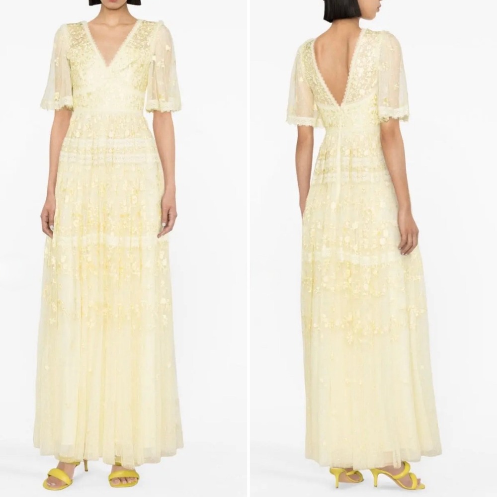 Needle & Thread Sweetheart Lace Embroidered Gown Flounce‎ Sleeve Size 14 Yellow